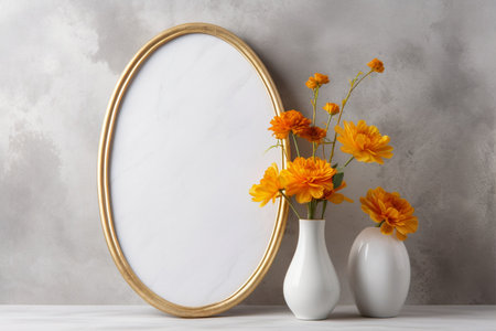Mockup template with blank golden oval frame with Marigold flowers in vase on the self. Generative AIの素材