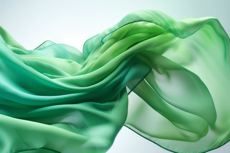 Delicate green silk scarf gracefully fluttering in the air against a white background, creating a sense of ethereal beauty and flowing motion. A stylish fashion accessory with a lightweight and soft fabric draping effortlessly. Generative AIの素材