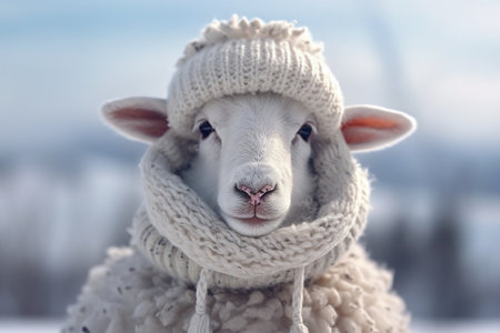 A funny sheep wearing knitted scarf and beanie adds a touch of humor to the cold winter weather. Get cozy with this adorable woolly fashion. Generative AIの素材