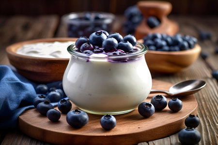 Delicious yogurt served with large blueberries in small glass jar in country style on wooden boards. Generative AIの素材