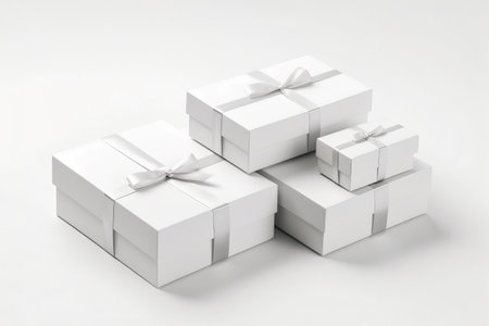 Simple minimalistic three satcked gift present boxes with silver bows on plain white background. Generative AIの素材