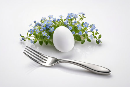 Delicate Easter composition with one white Easter egg and small field blue flowers and large fork on white background. Good for Easter greetings. Generative AIの素材