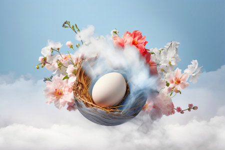 Easter greeting card with white egg in creative nest flying above clouds with spring flowers on blue sky background. Generative AIの素材