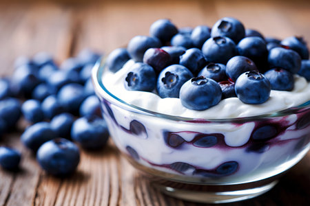 Delicious layered yogurt with blueberrie jam and blueberries served in large glass bowl in country style. Generative AIの素材