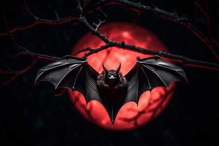 Spooky Halloween illustration with red moon and flying bat with spread wings hanging on branch in black and red colors. Generative AIの素材