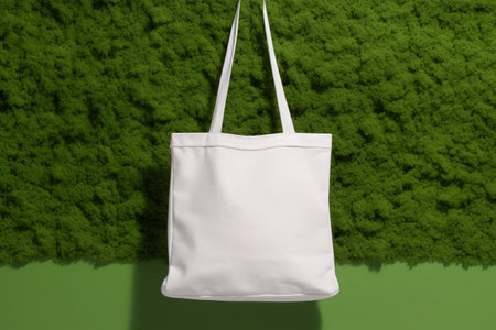 Mockup template of white fabric tote bag on green moss background. Generative AIの素材