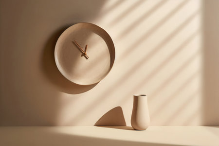 Clock in shape of ceramic pottery plate with vase against wall with shadows and light  rays in beige colors. Generative AIの素材