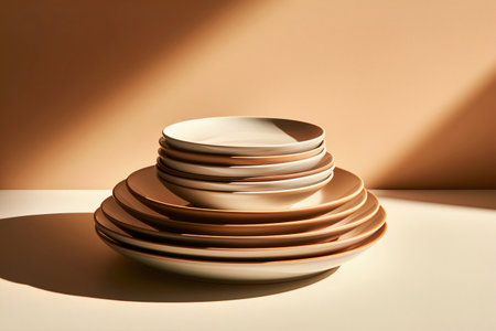 Many ceramic food plates in beige color shades with shadows and light rays on plain beige background. Generative AIの素材