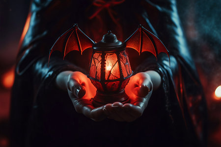 Halloween witch holding decorative lantern with metallic flying bat wings. Good for Haloween celebration. Generative AIの素材