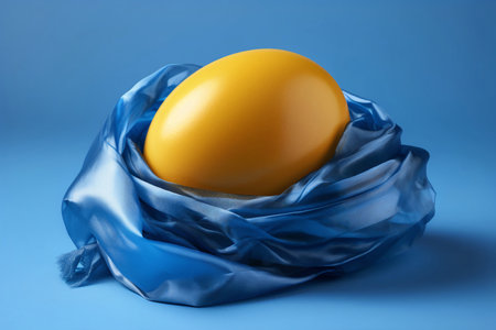 Beautiful Easter compositing with vibrant yellow egg in blue veil transparent cloth fabric on blue plain background. Generative AIの素材