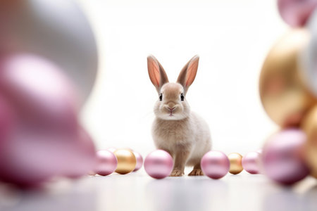Minimalistic Easter greeting card with Easter bunny and pink balls spheres on white background. Generative AIの素材