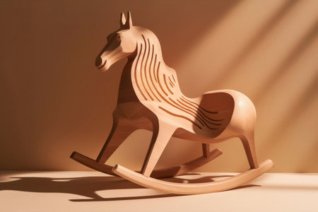 Creative decorative wooden rocking horse for kids with sophisticated carvings on beige background. Generative AIの素材