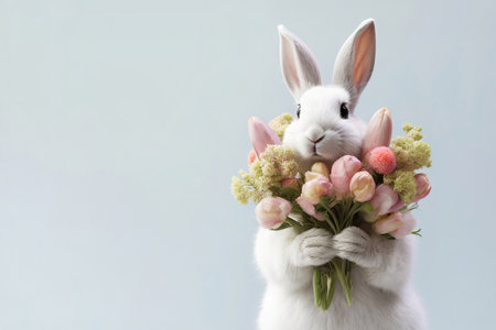Funny Easter character Easter bunny holding spring flowers on blue background. Image with copy blank space. Generative AIの素材