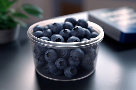 Delicious and ripe blueberries bursting with antioxidants, packed in convenient plastic container. Enjoy the nutritious benefits of these fresh fruits. Generative AIの素材