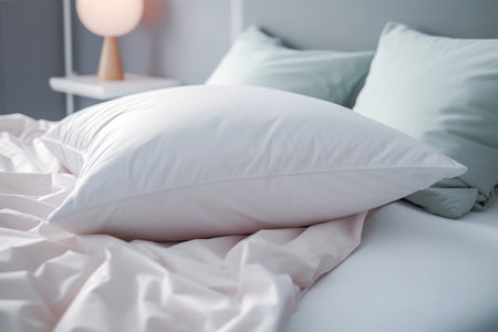 Calm, comfortable rest. Cozy bed, soothing pillows, tranquil sheets. Serenity in pastel hues. Peaceful sleep and relaxation. Generative AIの素材
