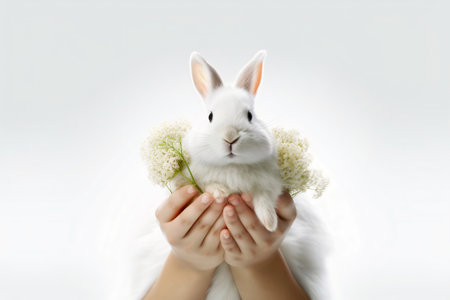 Child hands holding white fluffy Easter bunny with flowers on white background. Generative AIの素材