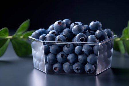 Vibrant blueberries neatly packaged in a plastic container, representing freshness and healthy snacking. Generative AIの素材