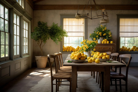 Rustic Elegance: Embrace farmhouse charm with a lemon-themed dining room. Interior with table, cahirs, plants and lemons. Generative AIの素材