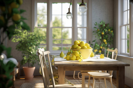 Summer Retreat: Create a cozy and inviting farmhouse dining room with a lemon-inspired theme. Generative AIの素材