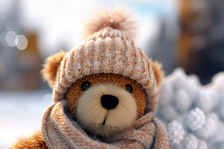 Embrace the playful spirit of the winter season with these adorable teddy bears donning knitted hats. Enjoy the cozy and festive atmosphere of outdoor playtime in the cold. Perfect for reliving childhood memories. Generative AI.の素材