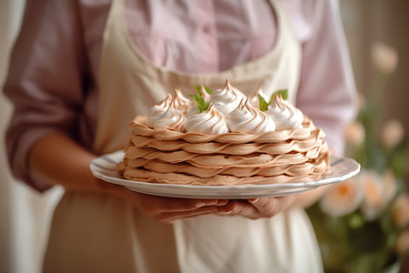 A woman in a country-style apron presents a plate of mouthwatering Pavlova cake, a homemade dessert that combines sweet meringue, creamy toppings, and fresh strawberries. Generative AIの素材