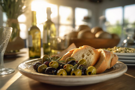 Experience the art of culinary perfection with this appetizing dish featuring green olives and bread slices, skillfully arranged on a plate, and complemented by the rich flavors of Mediterranean cuisine. Generative AIの素材