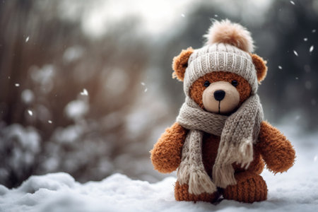 Experience the cozy and playful charm of teddy bears in knitted scarves and hats during the cold winter season. These adorable toys bring joy and childhood memories to the festive outdoor setting. Generative AI.の素材