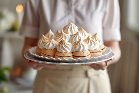Woman's hands in apron holding a plate with a delicious homemade Pavlova cake, showcasing the rustic charm of country living. Generative AIの素材