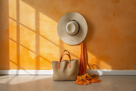 A summer composition featuring headwear with a wide brim, an orange cloth fashion accessory, marigold flowers, and a summer tote bag. Vibrant and stylish, capturing the cheerful beauty of nature. Generative AIの素材
