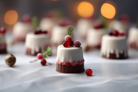 Experience the seasonal magic with these exquisite chocolate cranberry mini cakes, a delectable fusion of flavors and visual delight. Generative AIの素材