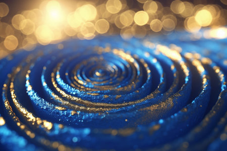 Dynamic and vibrant abstract lines spin in a futuristic blue and golden background. A modern digital artwork with a defocused bokeh effect. Generative AIの素材
