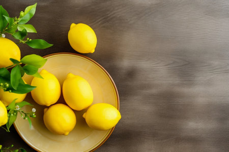 Vibrant summer background with lemons on colorful plates on smudged wooden background. Image with copy blank space. Generative AIの素材