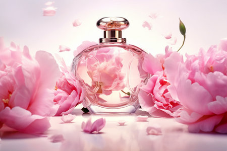 Front view of a beauty mockup featuring a glass perfume bottle adorned with lavish peony flowers on a white background. This cosmetic mockup exudes elegance and luxury, perfect for beauty industry branding and advertisement. Generative AIの素材