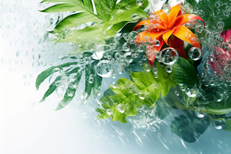 Dive into a captivating aquatic symphony as vibrant tropical flowers and leaves dance with playful bubbles in this abstract composition. Generative AIの素材