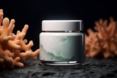 A minimalist and stylish mockup featuring a white shiny cream jar on a orange sea coral standing on black rock background. Generative AI.の素材