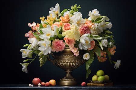 An elegant and ornate floral arrangement inspired by the Baroque era. The lavish bouquet features a variety of flowers in a vase, set against a black backdrop. Generative AIの素材