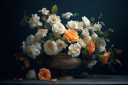 A lavish bouquet in a Baroque-style vase on a black background. The opulent arrangement showcases a variety of flowers in rich colors. An intricate and artistic composition that exudes floral beauty. Generative AIの素材