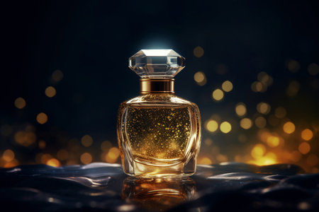 Sparkling Beauty: Discover a high-end fragrance captured within a stunning golden bottle, enhanced by a mesmerizing glitter bokeh effect. Generative AIの素材