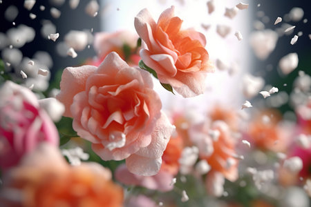 Closeup of vibrant, colorful rose petals in a tranquil garden. Experience the beauty of blooming flowers in this botanical masterpiece. Generative, AI.の素材