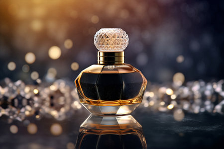 Gilded Luxury: Immerse yourself in the world of beauty and luxury with a dazzling perfume bottle featuring golden shimmer and an enchanting glittering backdrop. Generative AIの素材