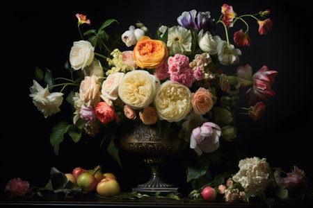 Baroque-inspired bouquet. Variety of flowers meticulously placed in a vase on a black background. Generative AIの素材