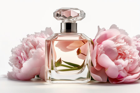 Highlight the allure of fragrance and beauty with this front view mockup of a glass perfume bottle adorned with peony flowers. Its feminine and elegant design makes it an excellent choice for showcasing beauty products in the industry. Generative AIの素材