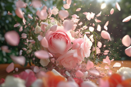 Closeup of vibrant, romantic, colorful rose petals in a tranquil garden. Experience the beauty of blooming flowers in this botanical masterpiece. Generative, AI.の素材