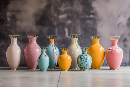 Enhance your home decor with this modern pottery vase collection, featuring colorful and patterned designs that add a touch of artistic flair and unique style. Generative AIの素材