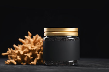 Stylish black cosmetic jar featuring a blank label, highlighted by nautical-inspired design and orange corals. Create a captivating visual identity for your beauty and skincare collection. Generative AIの素材