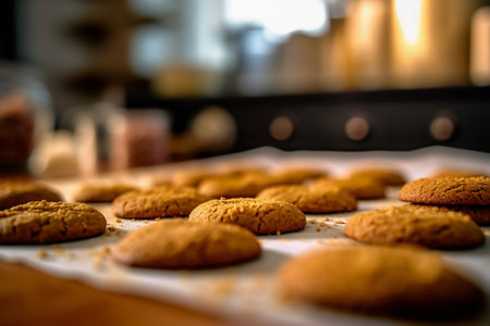 Delicious homemade cookies, crispy and golden, laid on baking paper in the kitchen. A mouthwatering treat that embodies the art of home cooking. Generative AIの素材