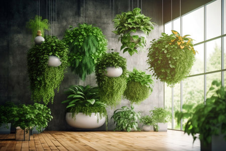 Embrace the freshness of green plants and natural foliage in your home decor. Hanging planters and a green wall create a stylish indoor garden. Generative AIの素材