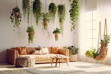 Hanging plants in a bohemian-style living room. Experience the tranquil and peaceful ambiance of nature-inspired decor. Generative AIの素材