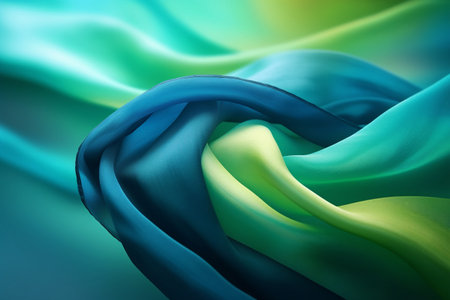Discover the beauty of a green silk scarf with a fluid green to blue color gradient. The delicate folds and luxurious texture create a captivating abstract background. Ideal for fashion and textile projects. Generative AIの素材