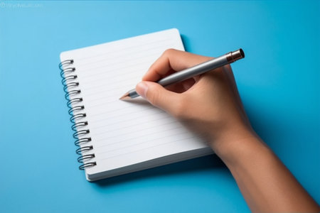 Mockup template with blank notebook and female hand holding metallic pen pointing at white paper sheet on blue background. Generative AIの素材